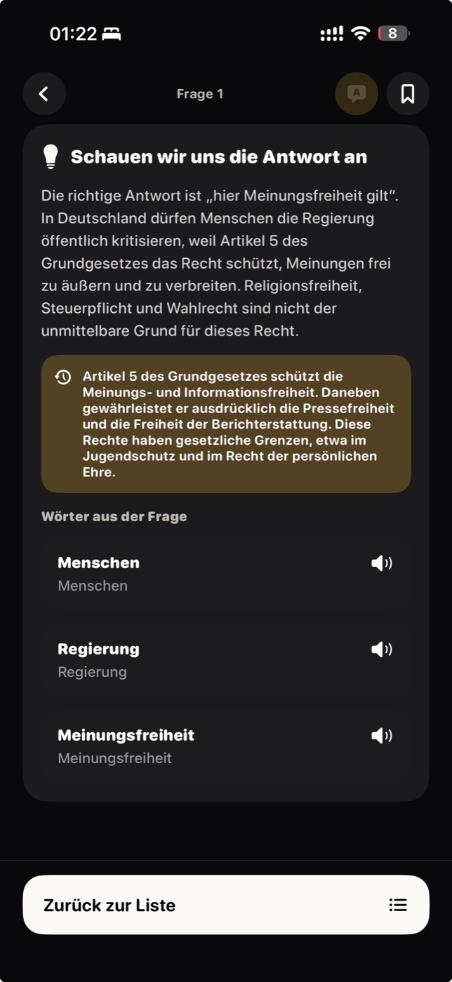 Erklärung einer Antwort mit wichtigen Wörtern
