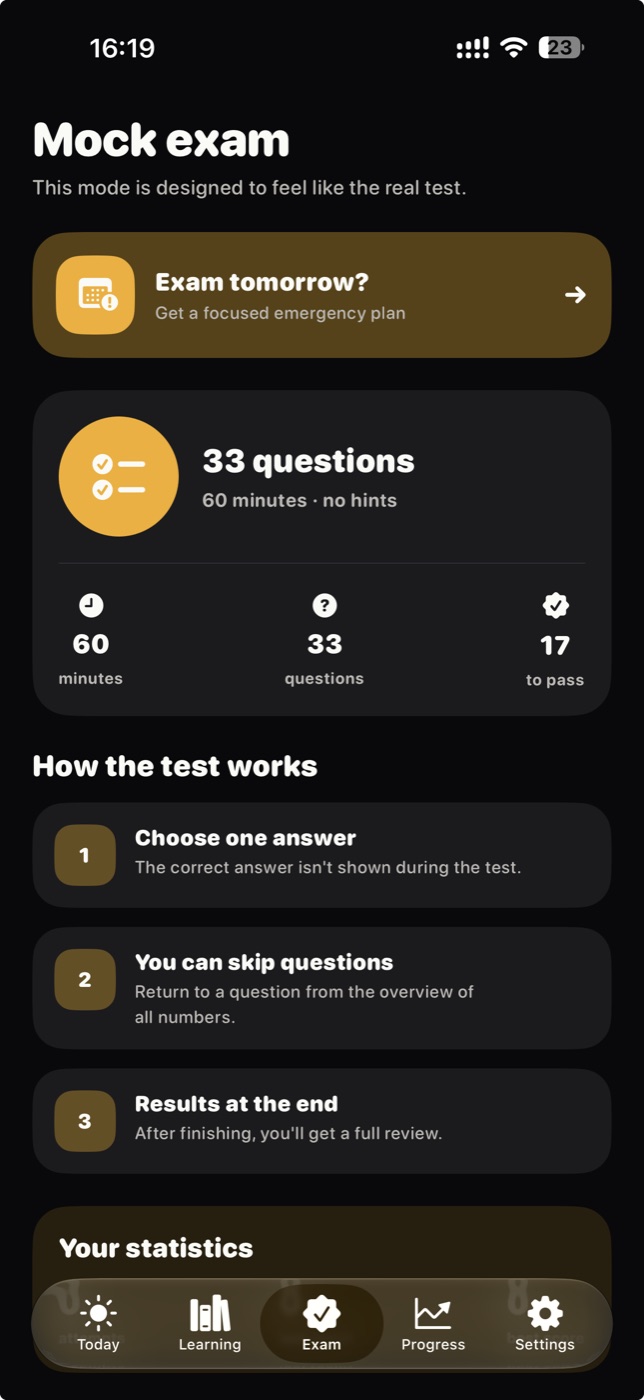 Mock exam screen
